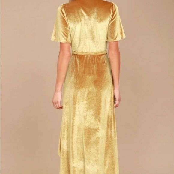 LULUS Amour High Low Wrap Dress Golden Yellow Velvet - Picture 2 of 9